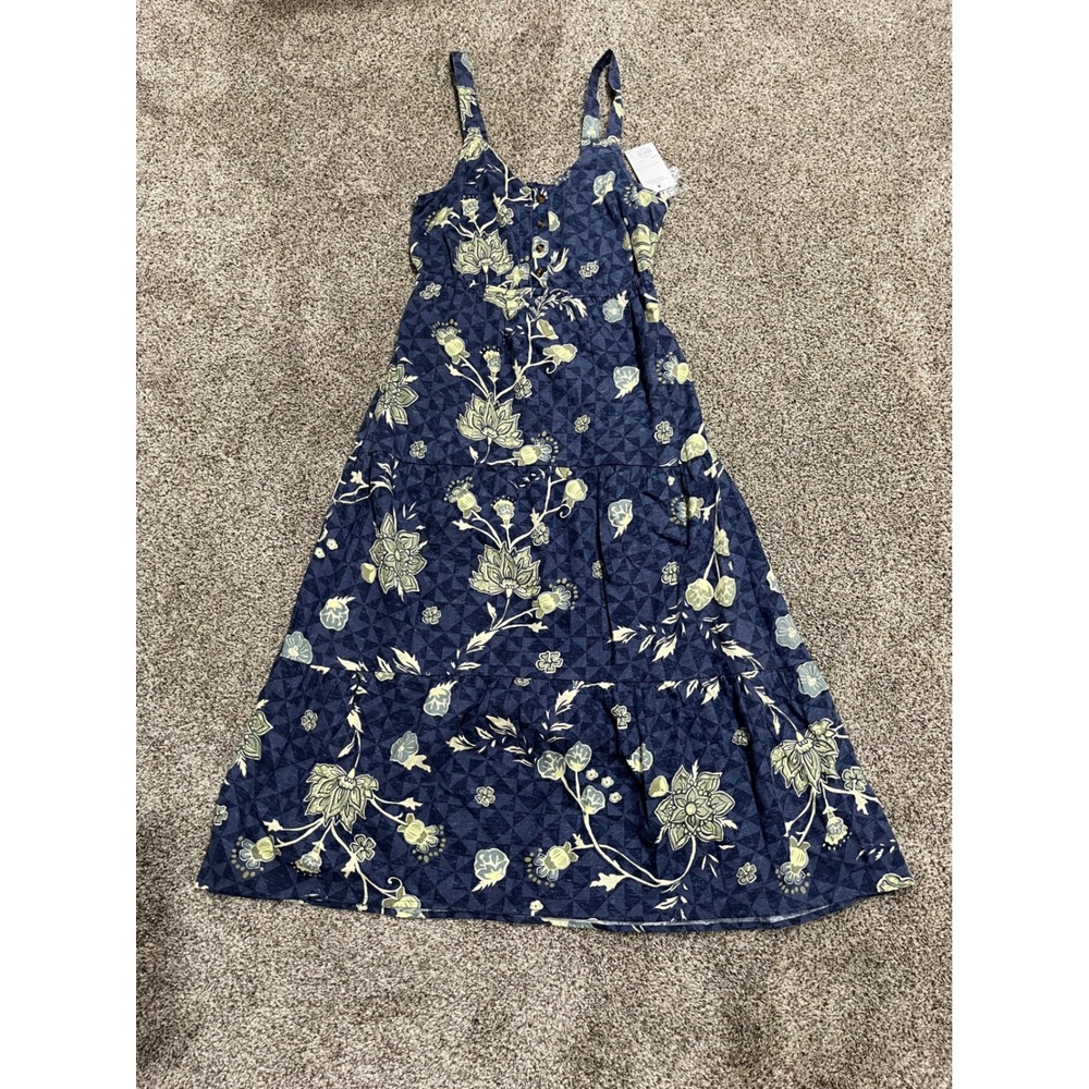 Sonoma Goods For Life Navy Blue Floral Linen Blend Tiered Midi Dress Small NWT